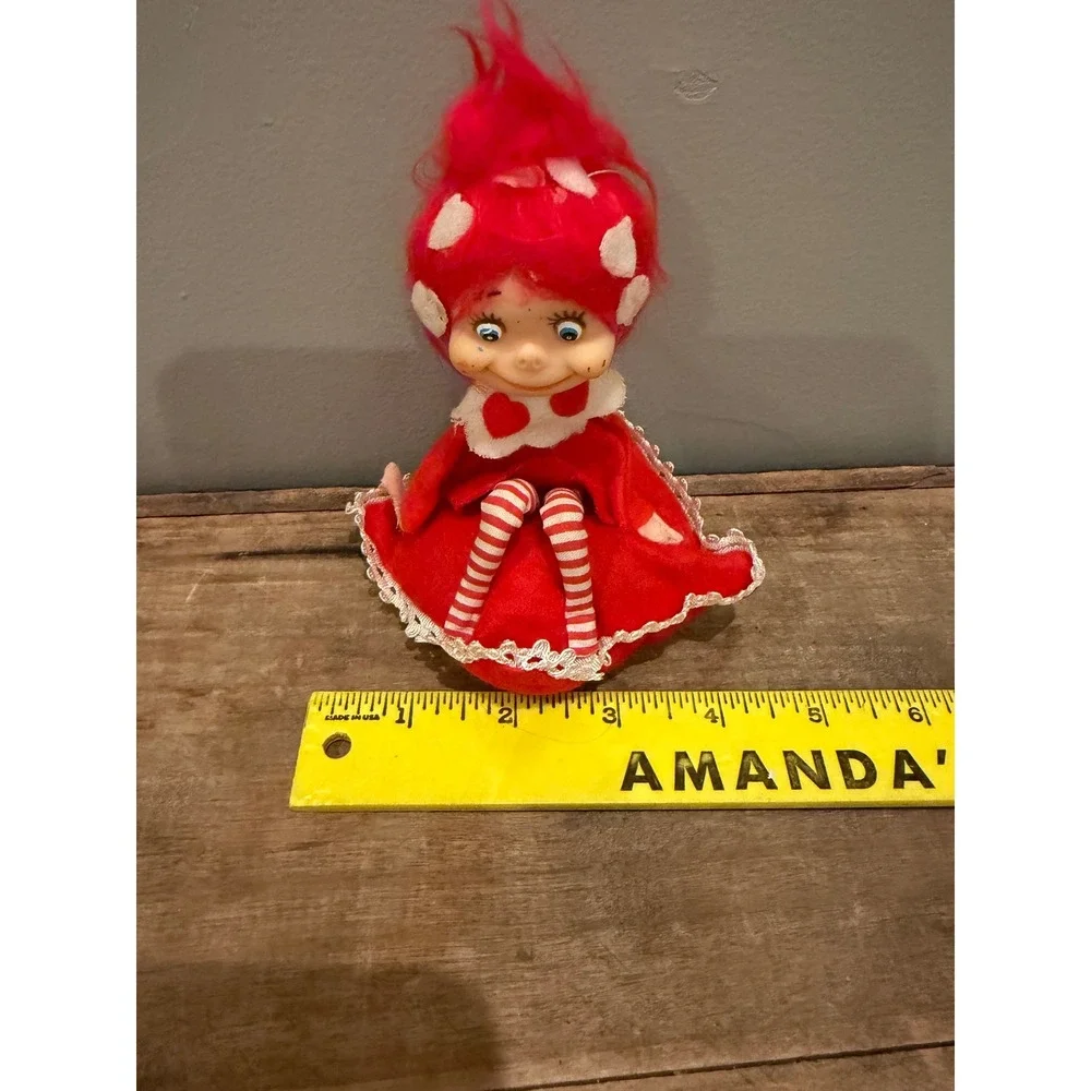 Vintage 60's Red White Felt Pixie Elf Doll Japan Valentine Heart Christmas 6